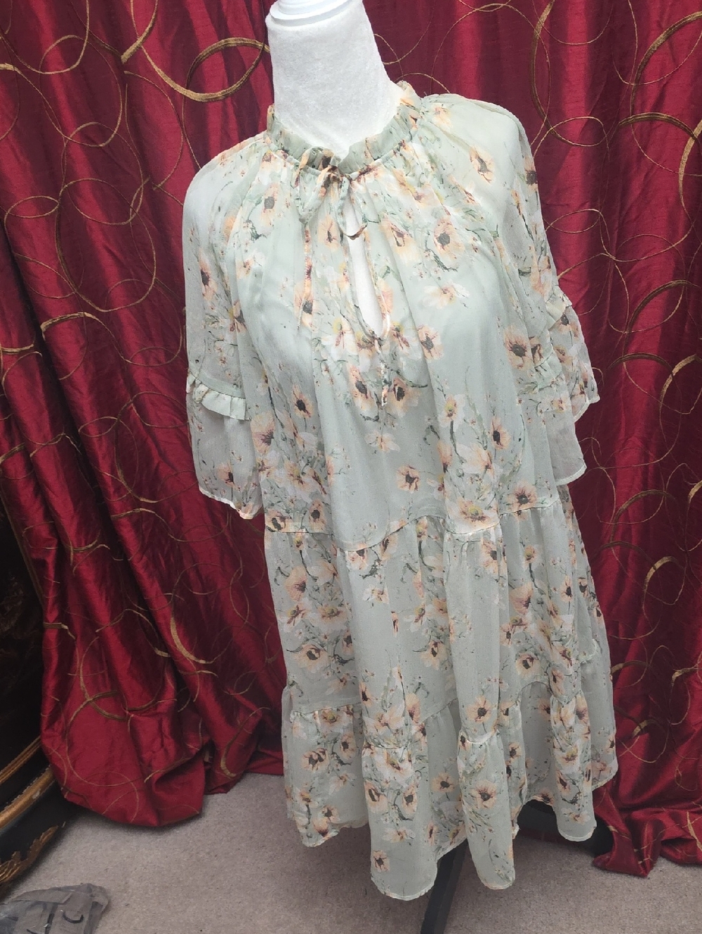 H&M Mint Floral Tiered Midi Dress with Peach Blooms